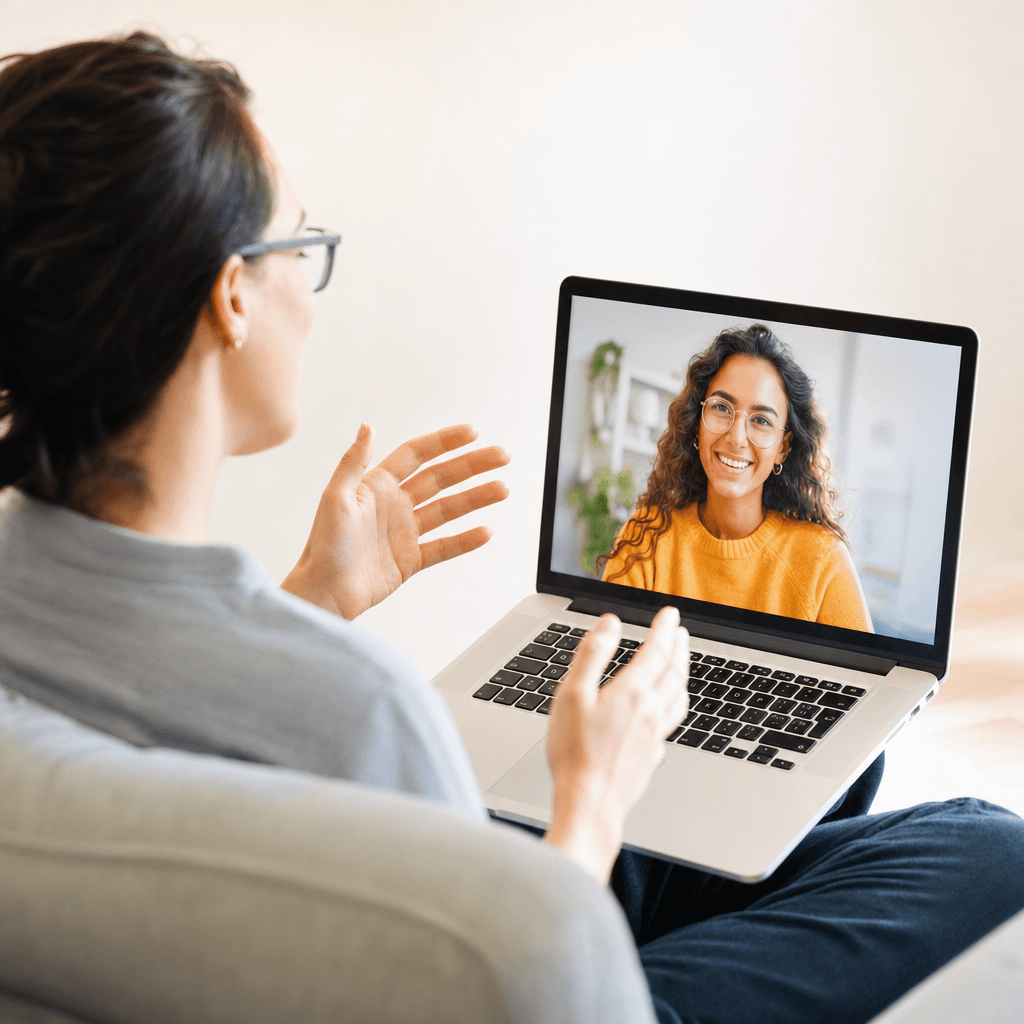 Une cliente en séance de bien-être en visioconférence, souriante et détendue devant son écran