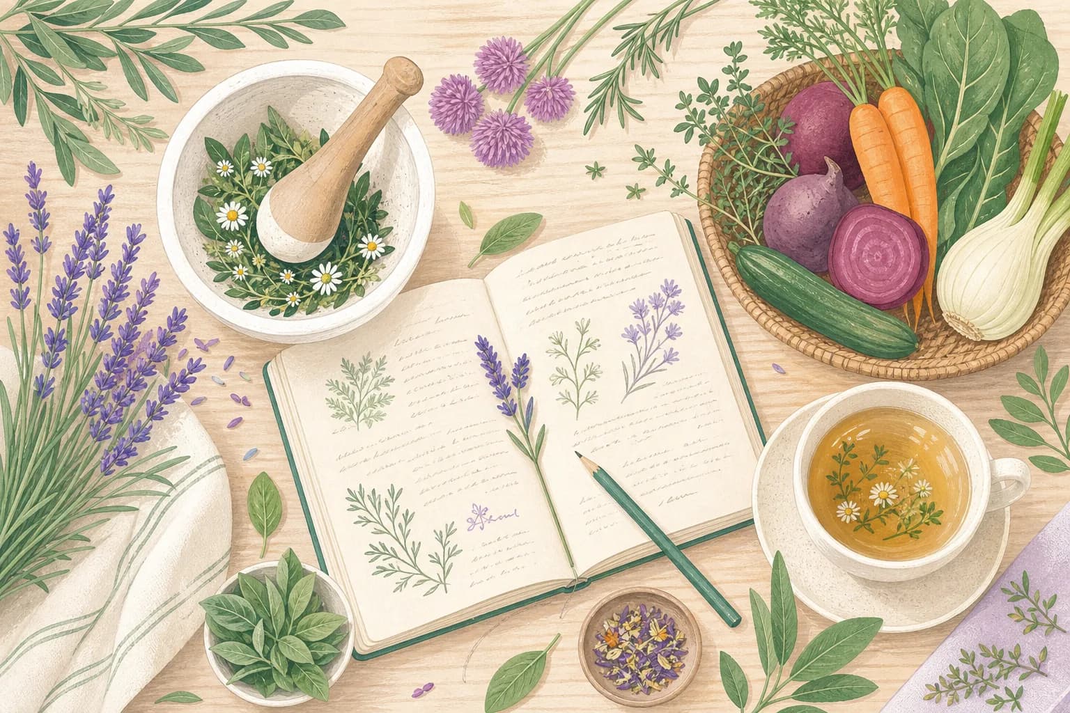 Herbes fraîches, mortier, légumes et carnet de notes disposés sur une table en bois