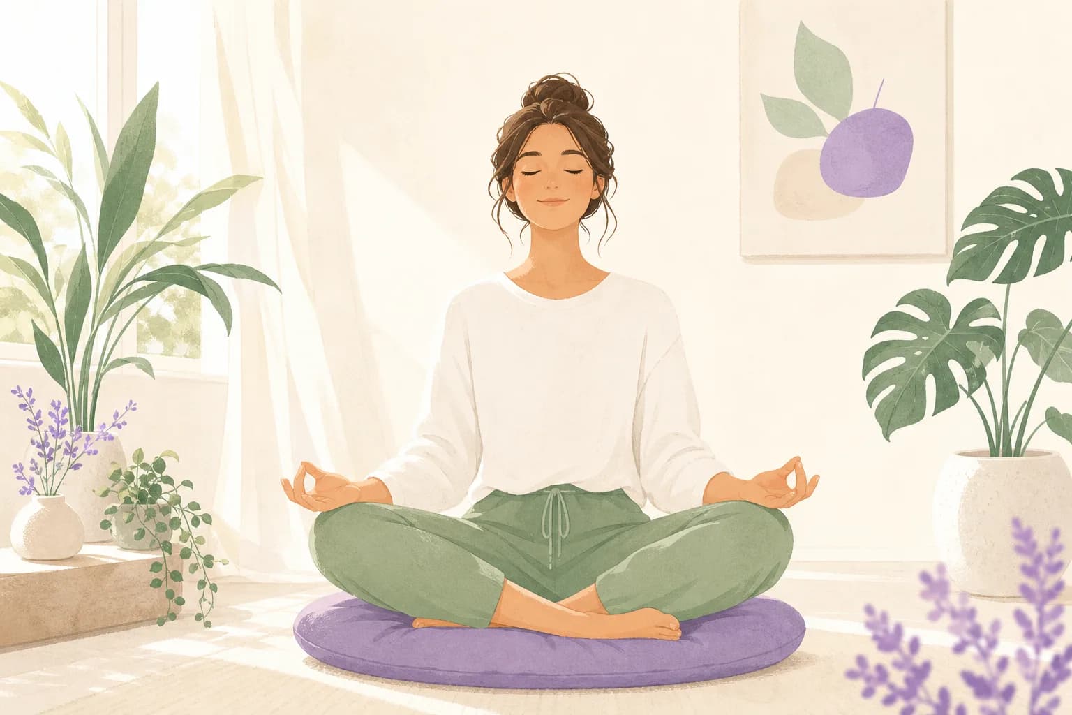 Une femme assise en tailleur sur un coussin, yeux fermés, en exercice de respiration dans une pièce lumineuse